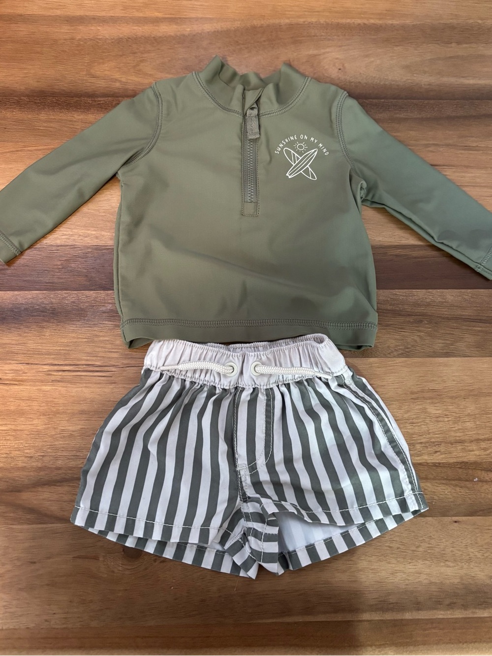 Kids Olive Green Rash Guard Top and Gray-White Striped Swim Shorts Set